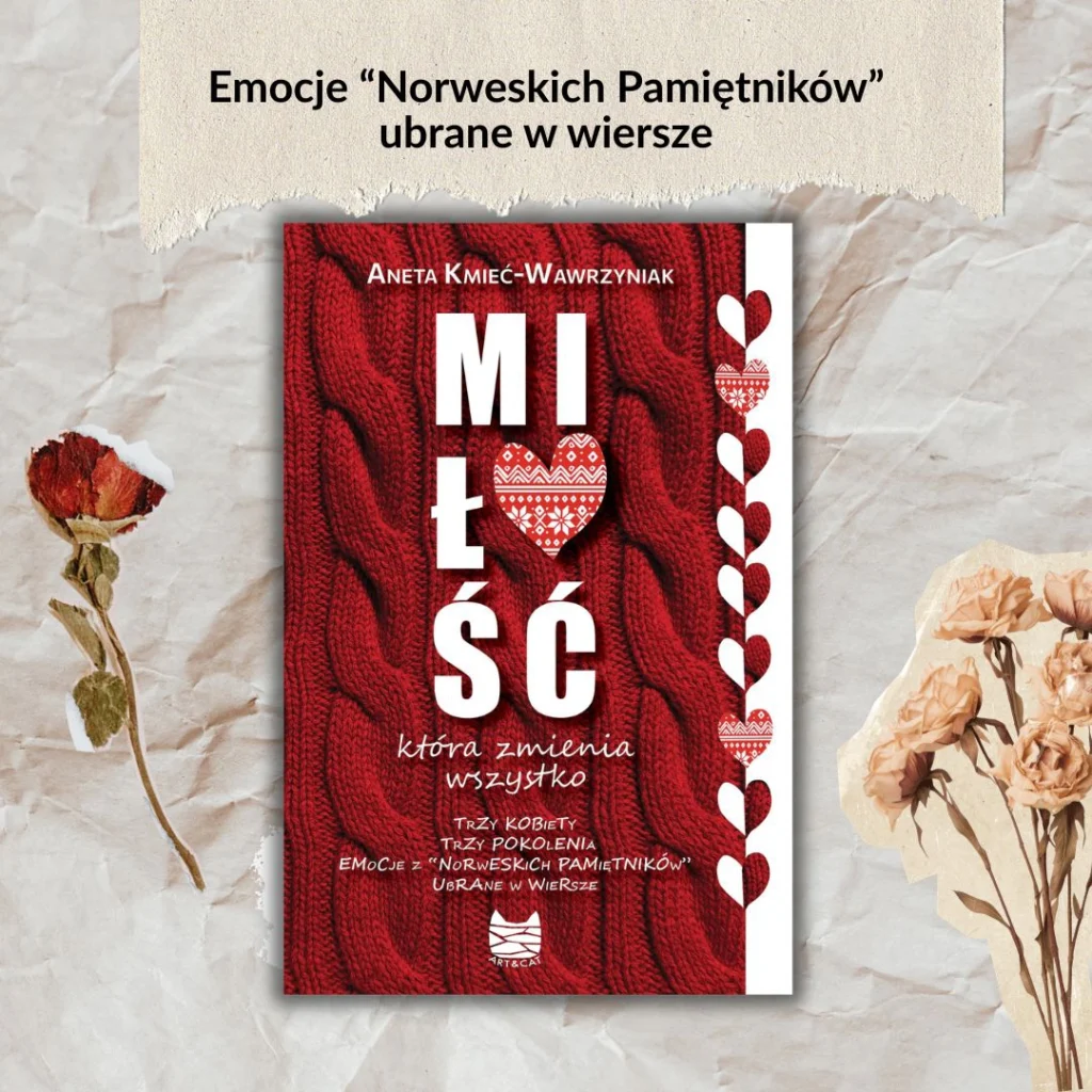 Okładka tomiku poezji „Miłość, która zmienia wszystko” Anety Kmieć-Wawrzyniak, powiązanego z serią Norweskie Pamiętniki.